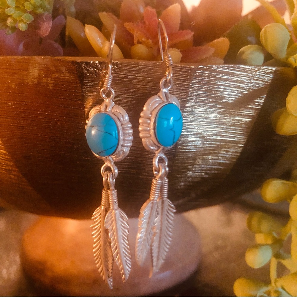 Vintage Native American turquoise silver feather earrings